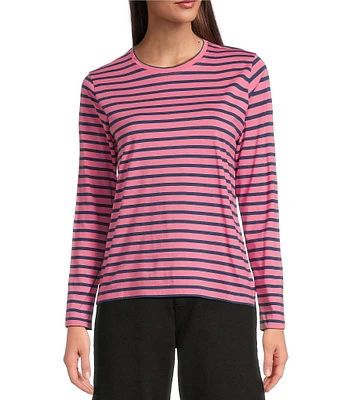 FRANCES VALENTINE Pima Cotton Crew Neck Long Sleeve Stripe Print Tee Shirt