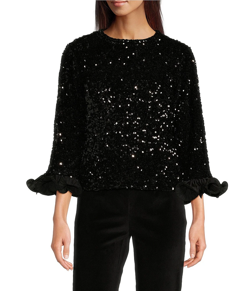 FRANCES VALENTINE Plaza Sequin Round Neck 3/4 Ruffle Sleeve Top