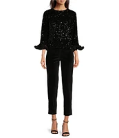 FRANCES VALENTINE Plaza Sequin Round Neck 3/4 Ruffle Sleeve Top