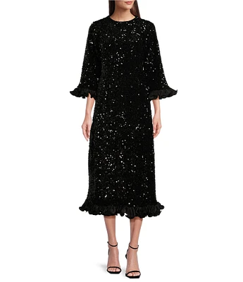 FRANCES VALENTINE Plaza Sequin Round Neck 3/4 Sleeve Satin Trim Midi Dress