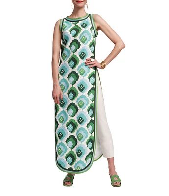 FRANCES VALENTINE Sabrina Poplin Graphic Leaf Print Round Neck Sleeveless Maxi Top