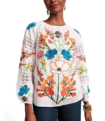 FRANCES VALENTINE Saskia Botanical Embroidery Smocked Round Neck Long Sleeve Blouse