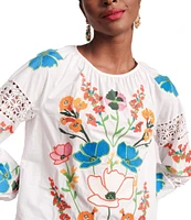 FRANCES VALENTINE Saskia Botanical Embroidery Smocked Round Neck Long Sleeve Blouse