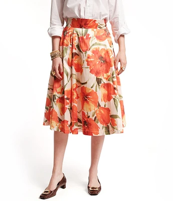 FRANCES VALENTINE Shelley Satin Floral Print Flattering Box Pleats A-Line Skirt