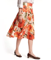 FRANCES VALENTINE Shelley Satin Floral Print Flattering Box Pleats A-Line Skirt