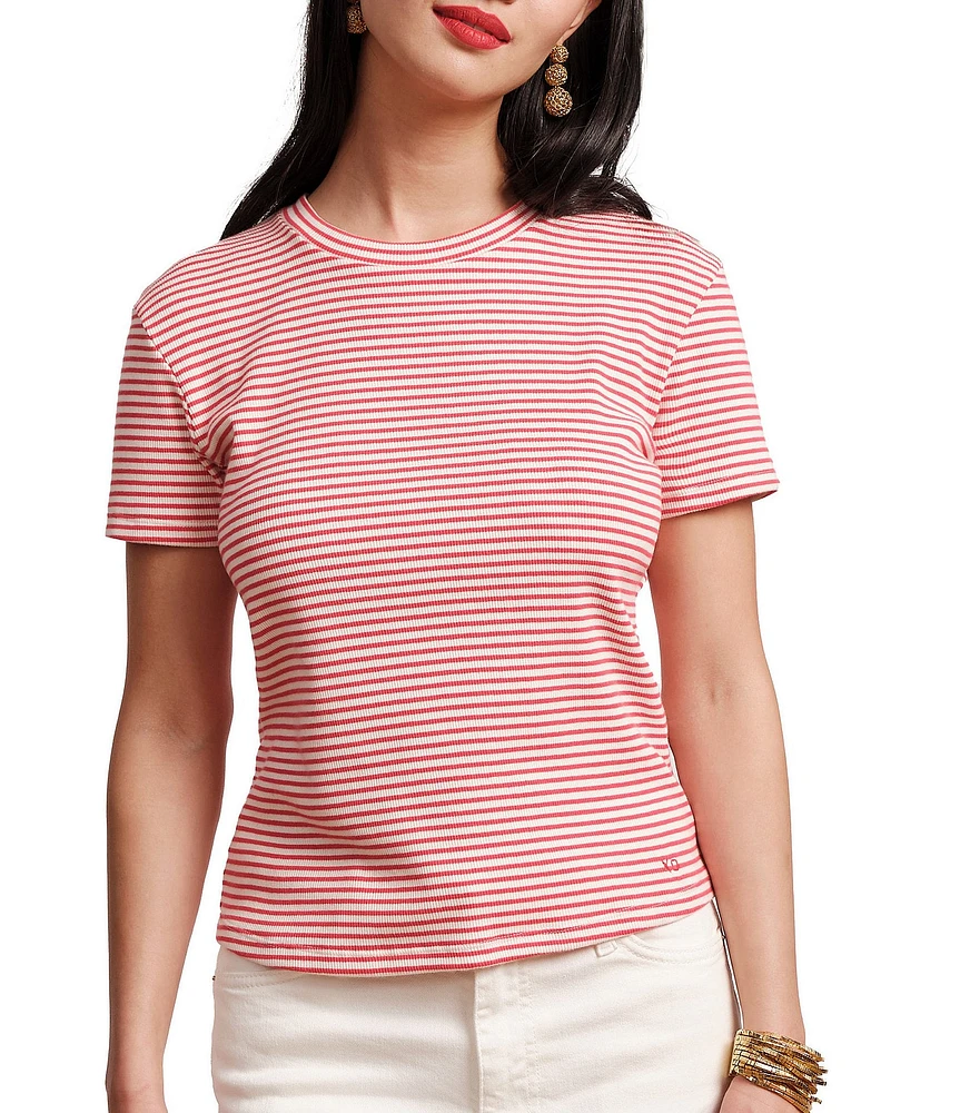 FRANCES VALENTINE Stripe Ribbed Knit Crew Neck Short Sleeve Tee