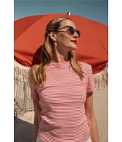 FRANCES VALENTINE Stripe Ribbed Knit Crew Neck Short Sleeve Tee