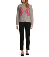 FRANCES VALENTINE Wool Floral Embroidered Bouquet Crew Neck Long Sleeve Cardigan