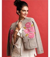 FRANCES VALENTINE Wool Floral Embroidered Bouquet Crew Neck Long Sleeve Cardigan