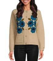 FRANCES VALENTINE Wool Floral Embroidered Bouquet Crew Neck Long Sleeve Cardigan