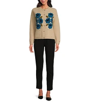 FRANCES VALENTINE Wool Floral Embroidered Bouquet Crew Neck Long Sleeve Cardigan