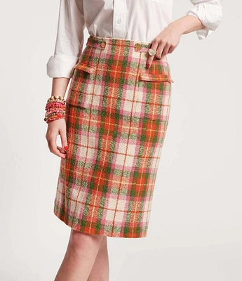 FRANCES VALENTINE Wool Plaid Print Button Waist Coordinating Pencil Skirt