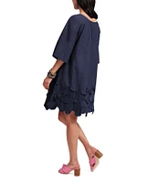 FRANCES VALENTINE Zennia Poplin Boat Neck 3/4 Sleeve Embroidered Flower Hem Dress