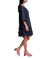 FRANCES VALENTINE Zennia Poplin Boat Neck 3/4 Sleeve Embroidered Flower Hem Dress