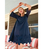 FRANCES VALENTINE Zennia Poplin Boat Neck 3/4 Sleeve Embroidered Flower Hem Dress