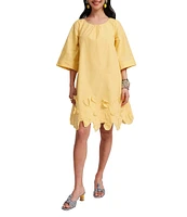 FRANCES VALENTINE Zennia Poplin Boat Neck 3/4 Sleeve Embroidered Flower Hem Dress