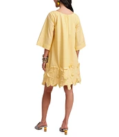 FRANCES VALENTINE Zennia Poplin Boat Neck 3/4 Sleeve Embroidered Flower Hem Dress