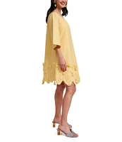 FRANCES VALENTINE Zennia Poplin Boat Neck 3/4 Sleeve Embroidered Flower Hem Dress