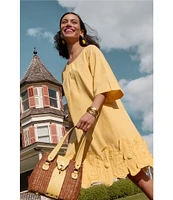 FRANCES VALENTINE Zennia Poplin Boat Neck 3/4 Sleeve Embroidered Flower Hem Dress