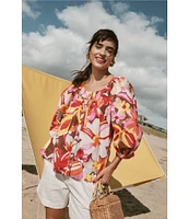 FRANCES VALENTINE Zoe Sun Floral Print Scoop Neck 3/4 Sleeve Blouse