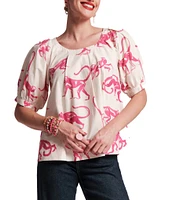 FRANCES VALENTINE Zonda Cotton Poplin Monkey Print Scoop Neck 3/4 Puff Sleeve Top