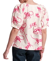 FRANCES VALENTINE Zonda Cotton Poplin Monkey Print Scoop Neck 3/4 Puff Sleeve Top