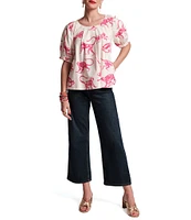 FRANCES VALENTINE Zonda Cotton Poplin Monkey Print Scoop Neck 3/4 Puff Sleeve Top