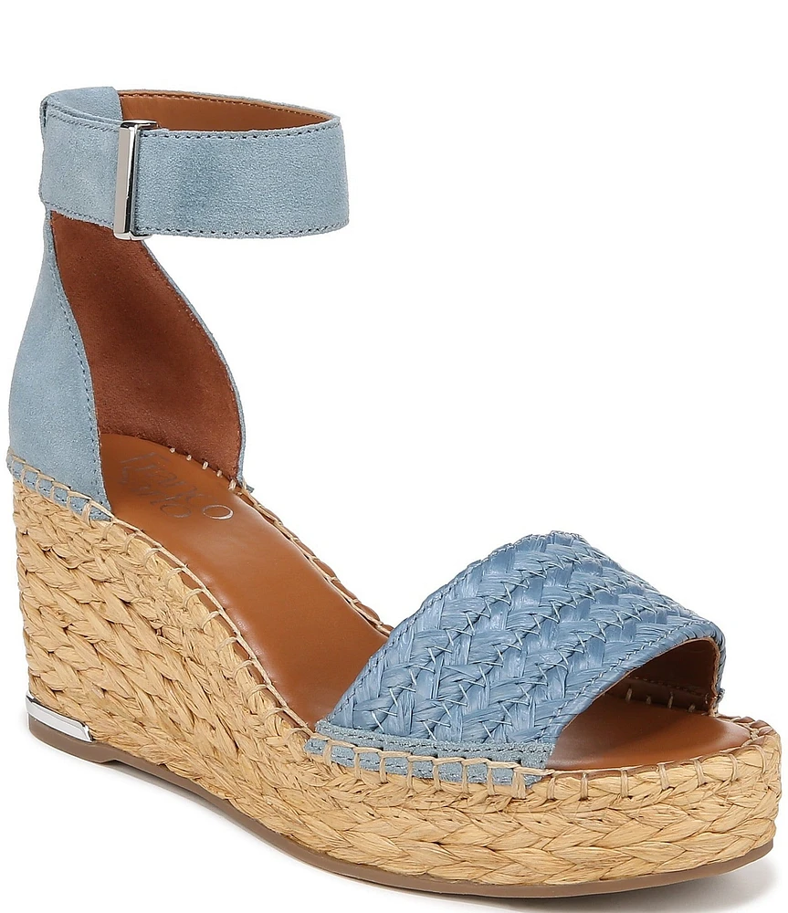 Franco Sarto Clemens Woven Raffia and Leather Ankle Strap Platform Wedge Espadrilles