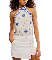 Free People 1 Thing Halter Neck Sleeveless Paisley Floral Print Tie Open Back Detail Scarf Top Bodysuit