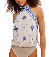 Free People 1 Thing Halter Neck Sleeveless Paisley Floral Print Tie Open Back Detail Scarf Top Bodysuit