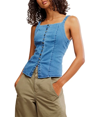 Free People A Moment In Time Square Neck Sleeveless Denim Vest