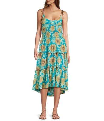 Free People Adriel Floral Print V-Neck Sleeveless Tiered Midi Dress