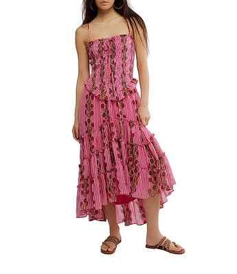 Free People Alejandra Floral Print Smocked Square Neck Tiered Midi Dress