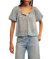 Free People Astra Peasant Floral Print Scoop Neck Short Puffed Sleeve Knit Top