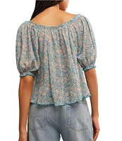 Free People Astra Peasant Floral Print Scoop Neck Short Puffed Sleeve Knit Top