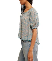 Free People Astra Peasant Floral Print Scoop Neck Short Puffed Sleeve Knit Top