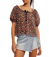 Free People Astra Peasant Floral Print Scoop Neck Short Puffed Sleeve Knit Top