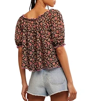 Free People Astra Peasant Floral Print Scoop Neck Short Puffed Sleeve Knit Top