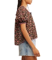 Free People Astra Peasant Floral Print Scoop Neck Short Puffed Sleeve Knit Top