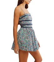 Free People Bali Checked Out Printed Smocked Square Neck Sleeveless Romper