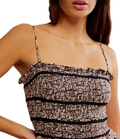 Free People Bali Checked Out Printed Smocked Square Neck Sleeveless Romper