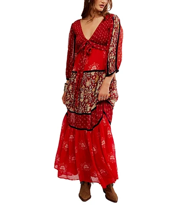 Free People Bali Laurel Mixed Print V-Neck Long Sleeve Maxi Dress