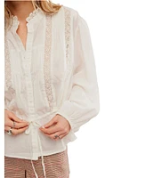 Free People Best Of Me Round Neck Long Sleeve Button Front Lace Trim Blouse