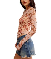 Free People Betty's Garden Floral Mesh Scoop Neck Long Sleeve Shirt