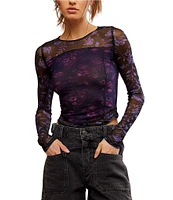 Free People Betty's Garden Floral Mesh Scoop Neck Long Sleeve Shirt