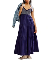 Free People Bluebell Solid V-Neck Sleeveless Tie Shoulder Maxi Dress