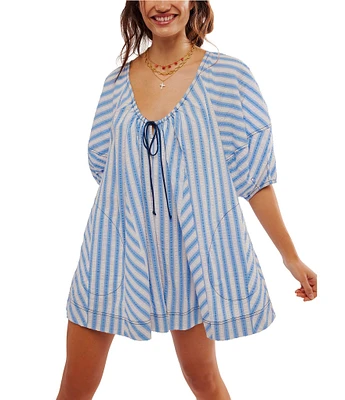 Free People Bop Around Stripe Print Scoop Neckline 3/4 Sleeve Romper