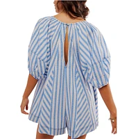 Free People Bop Around Stripe Print Scoop Neckline 3/4 Sleeve Romper