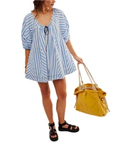 Free People Bop Around Stripe Print Scoop Neckline 3/4 Sleeve Romper