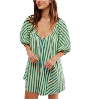Free People Bop Around Stripe Print Scoop Neckline 3/4 Sleeve Romper